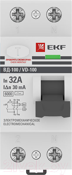 Изображение товара Устройство защитного отключения EKF PROxima ВД-100 2P 32А 30мА / elcb-2-6-32-30-em-pro