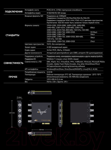 Изображение товара Устройство видеозахвата Avmatrix VC41 4CH 3G-SDI PCIE / 29984