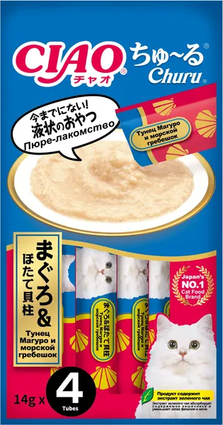 Изображение товара Лакомство для кошек Inaba Чао-Чуру Пюре со вкусом тунца Магуро с гребешком (4x14г)