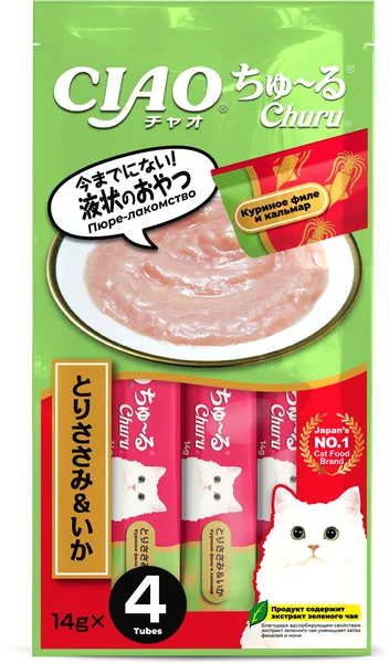 Изображение товара Лакомство для кошек Inaba Чао-Чуру Пюре со вкусом куриного филе с кальмаром (4x14г)