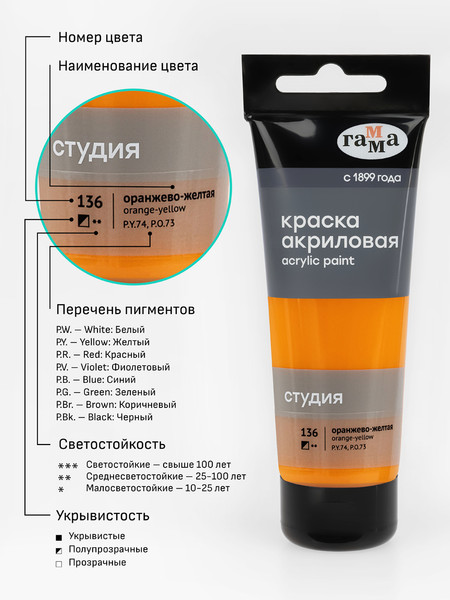 Изображение товара Акриловая краска ГАММА Студия 136 / 280220136 (75мл, оранжево-желтый)
