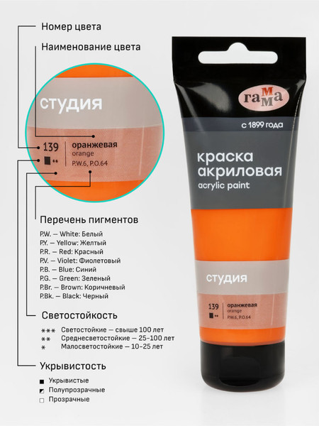Изображение товара Акриловая краска ГАММА Студия 139 / 280220139 (75мл, оранжевый)