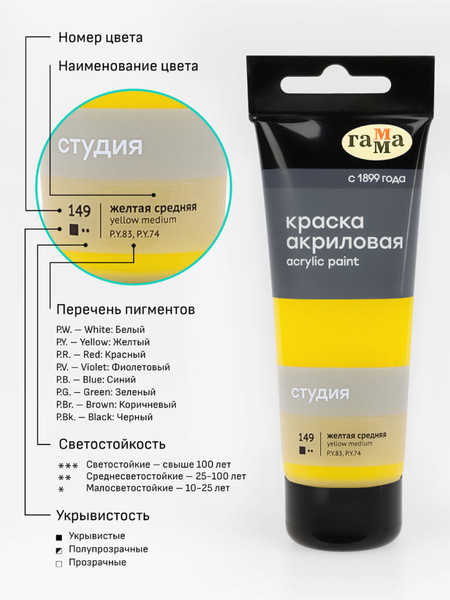 Изображение товара Акриловая краска ГАММА Студия 149 / 280220149 (75мл, желтый средний)