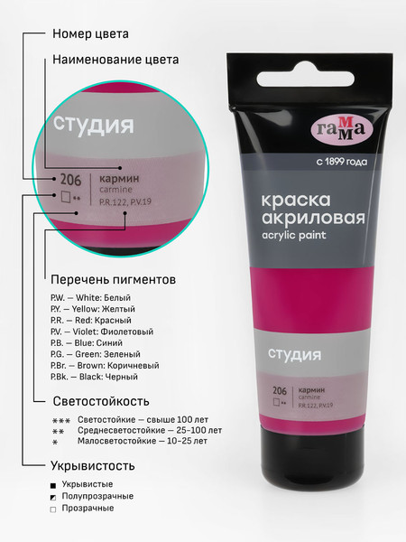Изображение товара Акриловая краска ГАММА Студия 206 / 280220206 (75мл, кармин)