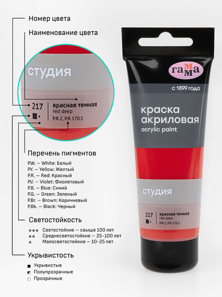 Изображение товара Акриловая краска ГАММА Студия 217 / 280220217 (75мл, красный темный)