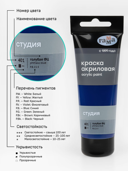 Изображение товара Акриловая краска ГАММА Студия 401 / 280220401 (75мл, голубой фц)