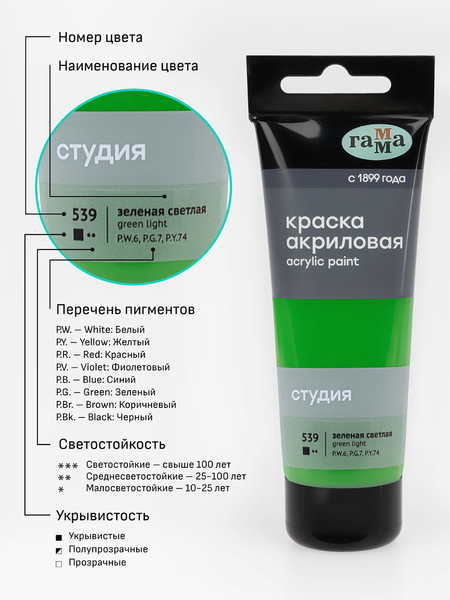 Изображение товара Акриловая краска ГАММА Студия 539 / 280220539 (75мл, зеленый светлый)
