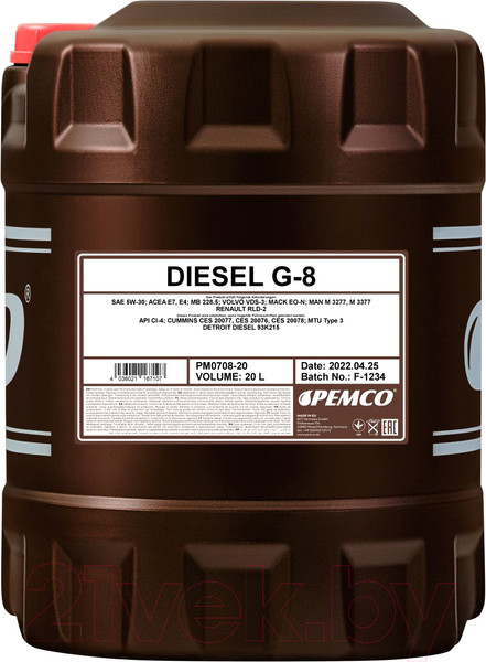 Изображение товара Моторное масло Pemco G-8 Diesel 5W30 E4 UHPD / PM0708-20 (20л)