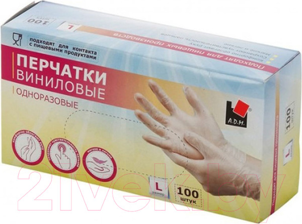 Изображение товара Перчатки одноразовые A.D.M Виниловые VIN003A (L, 100шт)