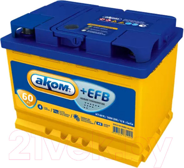 Изображение товара Автомобильный аккумулятор AKOM 6СТ-60 Рус + EFB L + 600A (60 А/ч)