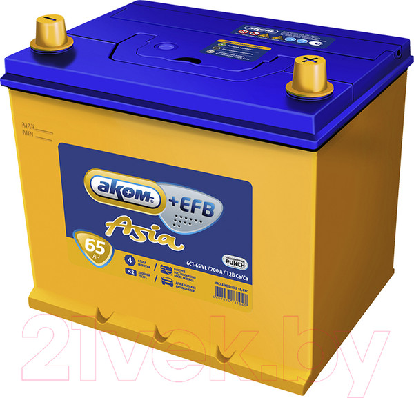 Изображение товара Автомобильный аккумулятор AKOM Asia 6СТ-65VL Евро+EFB 700A R+ (65 А/ч)