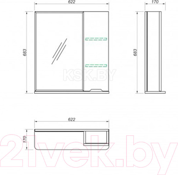 Изображение товара Шкаф с зеркалом для ванной Какса-А Моника 62 б/о (правый)