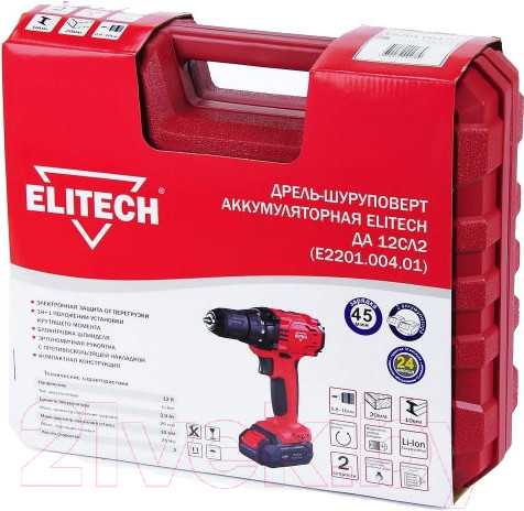 Изображение товара Аккумуляторная дрель-шуруповерт Elitech ДА 12СЛ2 (Е2201.004.01)
