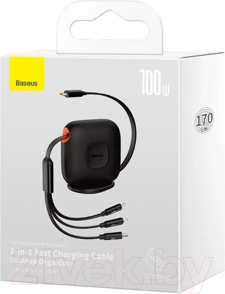 Изображение товара Кабель Baseus Traction Series Retractable 3-in-1 / CAQY000001 (1.7м, черный)