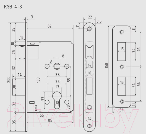 Изображение товара Корпус врезного замка Нора-М КЗВ 4-3 (золото)