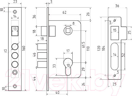 Изображение товара Корпус врезного замка Нора-М КЗВР-120 (золото)