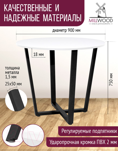 Изображение товара Обеденный стол Millwood Орлеан Л18 D90 (белый/металл черный)