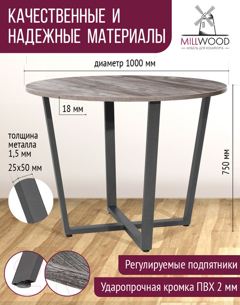 Изображение товара Обеденный стол Millwood Орлеан Л18 D100 (сосна пасадена/графит)