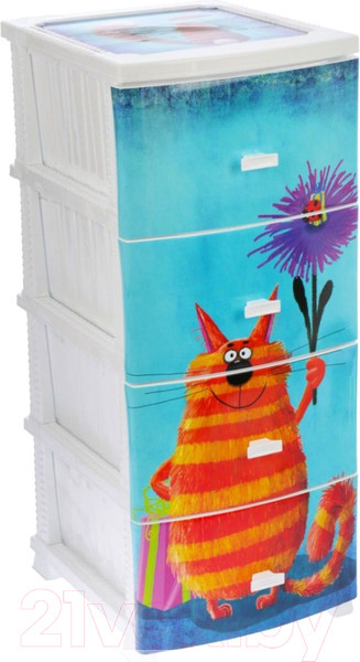 Изображение товара Комод пластиковый Росспласт Декор Кот 4 яруса (белый)