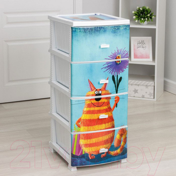 Изображение товара Комод пластиковый Росспласт Декор Кот 4 яруса (белый)