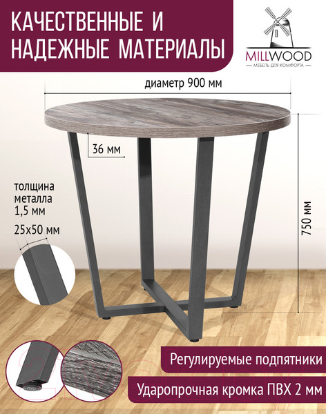 Изображение товара Обеденный стол Millwood Лофт Орлеан Л D90x75 (сосна пасадена/графит)