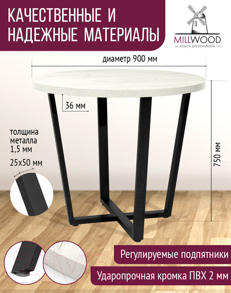 Изображение товара Обеденный стол Millwood Лофт Орлеан Л D90x75 (дуб белый Craft/металл черный)