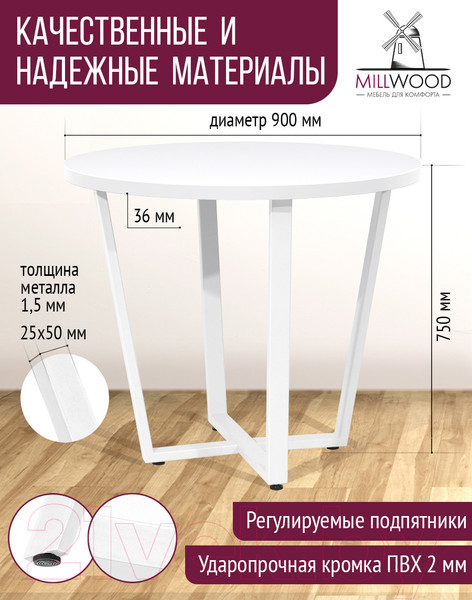 Изображение товара Обеденный стол Millwood Лофт Орлеан Л D90x75 (белый/металл белый)