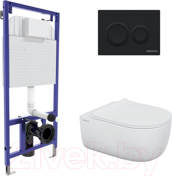 Изображение товара Унитаз подвесной с инсталляцией Berges Ego XL Rimless / 043303 (с сиденьем и кнопкой смыва)