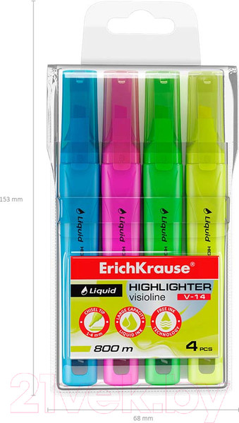 Изображение товара Набор маркеров Erich Krause Liquid Visioline V-14 Neon / 58359 (4цв)