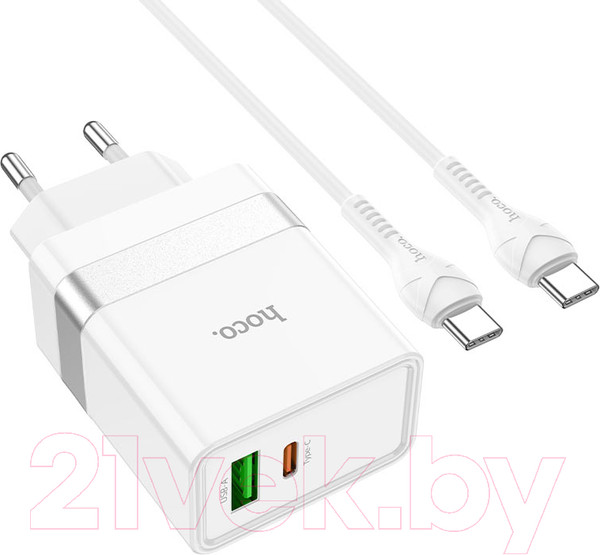 Изображение товара Зарядное устройство сетевое Hoco N21 + кабель Type-C to Type-C (белый)