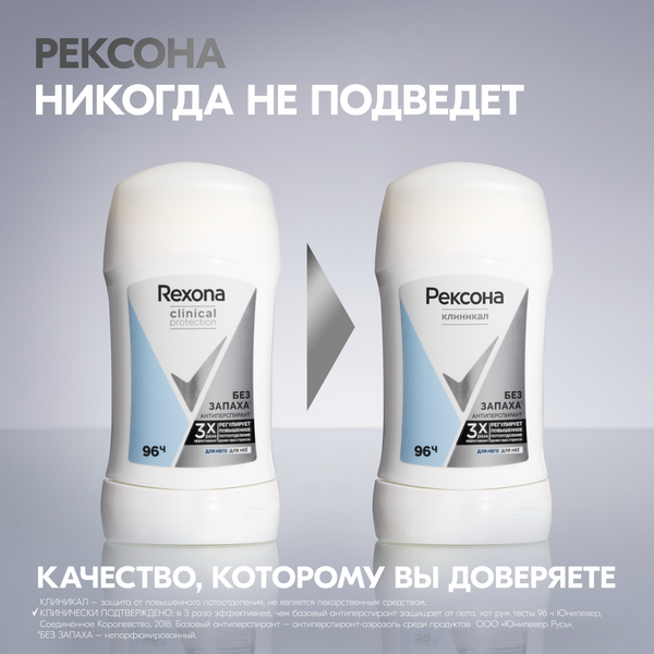 Изображение товара Антиперспирант-стик Rexona Clinical Protection Гипоаллергенный без запаха Box (40мл)