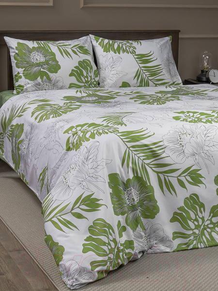 Изображение товара Комплект постельного белья Amore Mio Сатин Тропик Евро / 24893 (зеленый/белый)