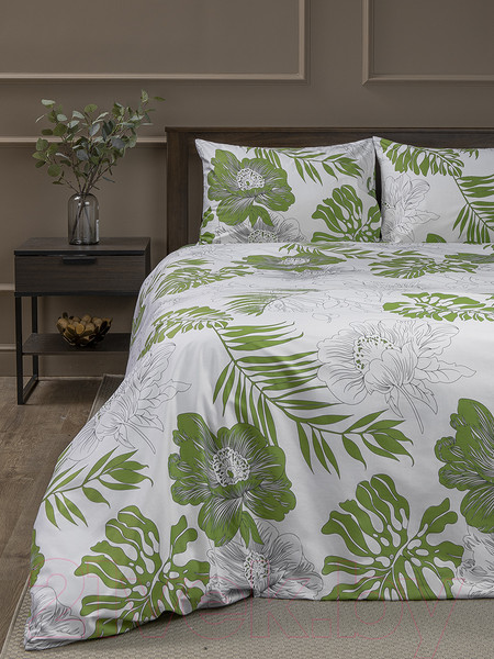 Изображение товара Комплект постельного белья Amore Mio Сатин Тропик Евро / 24893 (зеленый/белый)