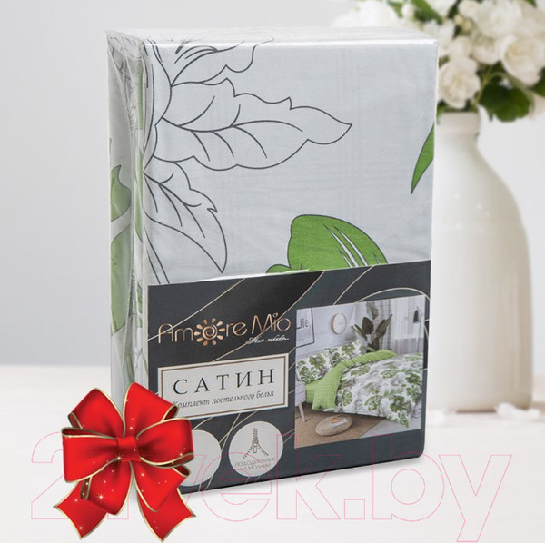 Изображение товара Комплект постельного белья Amore Mio Сатин Тропик Евро / 24893 (зеленый/белый)