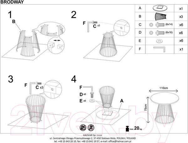 Изображение товара Обеденный стол Halmar Brodway 110x75 (белый мрамор/черный)