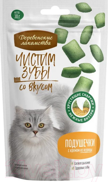 Изображение товара Лакомство для кошек Деревенские лакомства Чистим зубы Подушечки с кремом из курицы (30г)