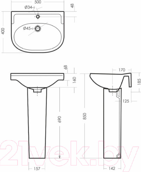 Изображение товара Умывальник Sanita Комфорт 50 WB.PD/Comfort/50-C/WHT.G/S1