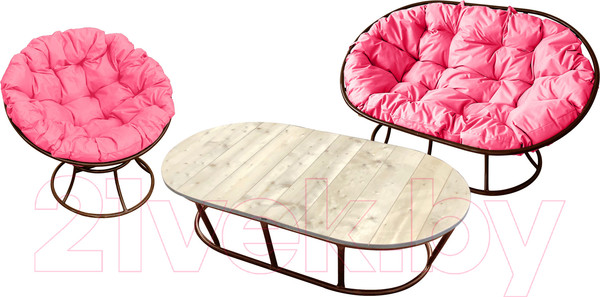 Изображение товара Комплект садовой мебели M-Group Мамасан, Папасан и стол / 12130208 (коричневый/розовая подушка)