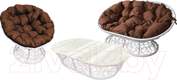 Изображение товара Комплект садовой мебели M-Group Мамасан, Папасан и стол / 12140105 (белый ротанг/коричневая подушка)