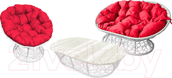 Изображение товара Комплект садовой мебели M-Group Мамасан, Папасан и стол / 12140106 (белый ротанг/красная подушка)