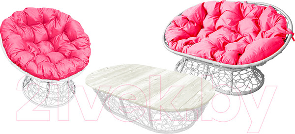 Изображение товара Комплект садовой мебели M-Group Мамасан, Папасан и стол / 12140108 (белый ротанг/розовая подушка)