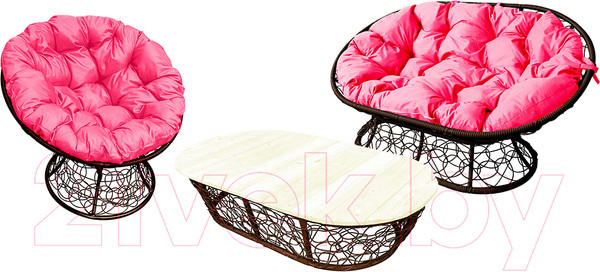 Изображение товара Комплект садовой мебели M-Group Мамасан, Папасан и стол / 12140208 (коричневый ротанг/розовая подушка)