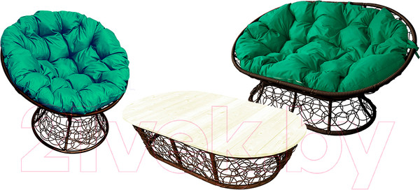 Изображение товара Комплект садовой мебели M-Group Мамасан, Папасан и стол / 12140204 (коричневый ротанг/зеленая подушка)