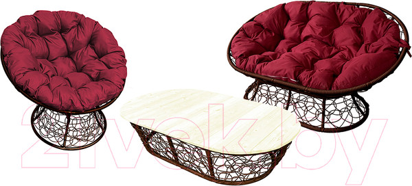 Изображение товара Комплект садовой мебели M-Group Мамасан, Папасан, стол / 12140202 (коричневый ротанг/бордовая подушка)
