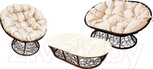 Изображение товара Комплект садовой мебели M-Group Мамасан, Папасан и стол / 12140201 (коричневый ротанг/бежевая подушка)