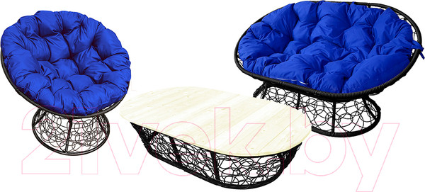 Изображение товара Комплект садовой мебели M-Group Мамасан, Папасан и стол / 12140410 (черный ротанг/синяя подушка)