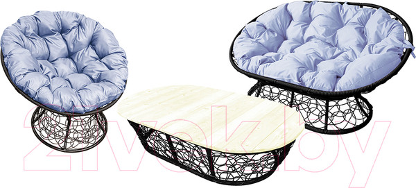 Изображение товара Комплект садовой мебели M-Group Мамасан, Папасан и стол / 12140409 (черный ротанг/серая подушка)
