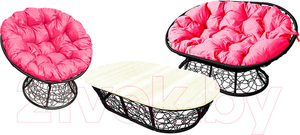 Изображение товара Комплект садовой мебели M-Group Мамасан, Папасан и стол / 12140408 (черный ротанг/розовая подушка)