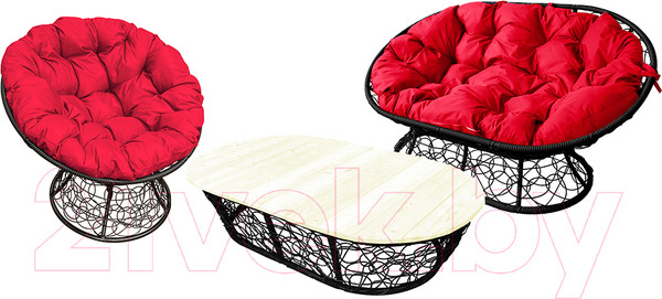 Изображение товара Комплект садовой мебели M-Group Мамасан, Папасан и стол / 12140406 (черный ротанг/красная подушка)