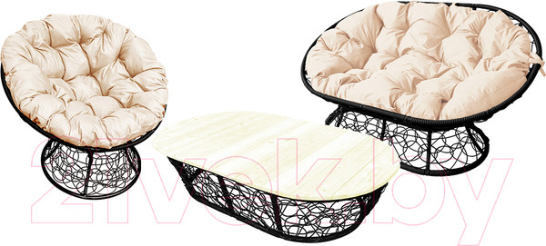 Изображение товара Комплект садовой мебели M-Group Мамасан, Папасан и стол / 12140401 (черный ротанг/бежевая подушка)